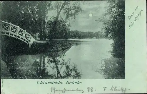 Mondschein Ak Schwetzingen Rhein Neckar Kreis, Partie an der chinesischen Brücke