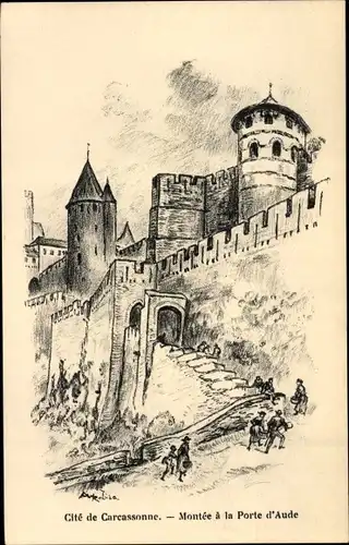 Künstler Ak Robida, Carcassonne Aude, Monte a la Porte d'Aude