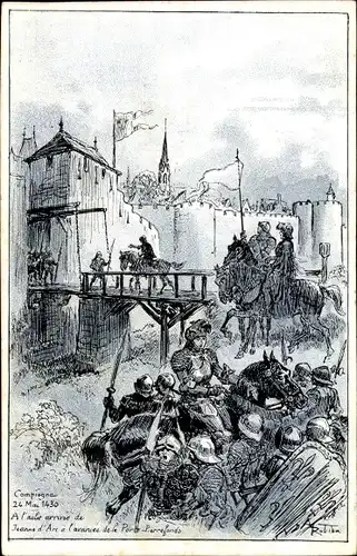 Künstler Ak Robida, Compiègne Oise, Jeanne d'Arc, Burg, Brücke