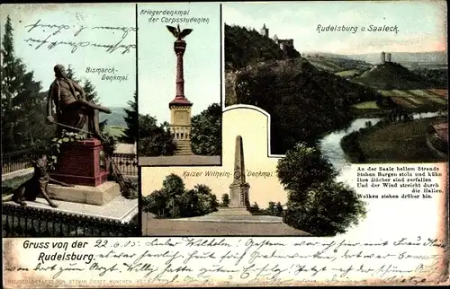 Ak Bad Kösen Naumburg an der Saale, Rudelsburg, Bismarckdenkmal, Kriegerdenkmal d. Corpsstudenten