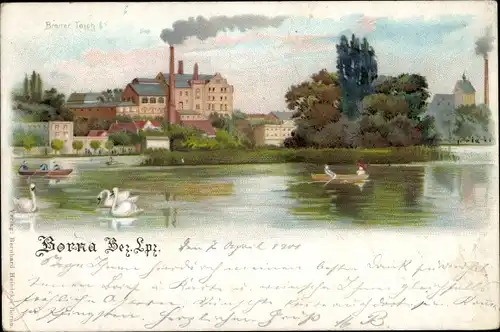 Litho Borna im Kreis Leipzig, Wasserblick zum Ort, Breiter Teich, Schwäne