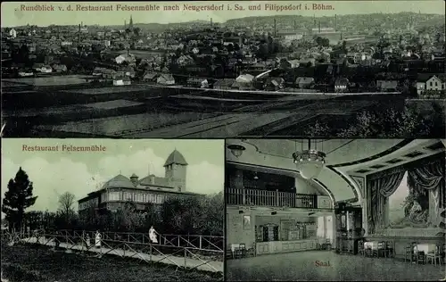 Ak Neugersdorf in Sachsen, Panorama, Restaurant Felsenmühle, Blick nach Filipsdorf in Böhmen