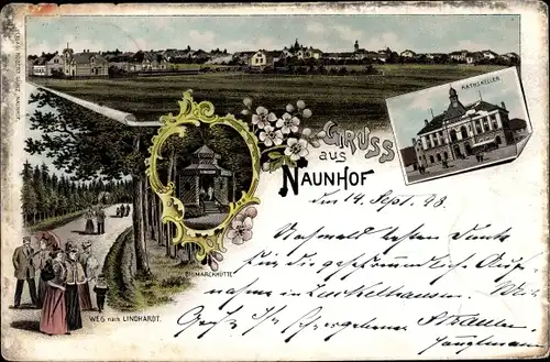Litho Naunhof im Kreis Leipzig, Panorama, Ratskeller, Bismarckhütte, Weg nach Lindhardt