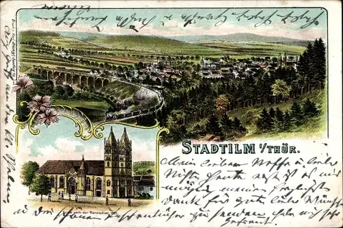 Litho Stadtilm in Thüringen, Totalansicht der Ortschaft, Kirche