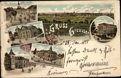 Litho Greußen Thüringen, Gasthof, Schule, Schützenhaus, Gasthaus z. Prinzen Leopold