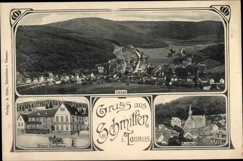 Jugendstil Ak Schmitten im Taunus Hessen, Totalansicht, Kirche, Kurhaus