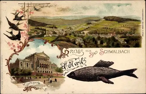 Litho Bad Schwalbach im Taunus, 1. April, Fisch, Kurhaus, Totalansicht