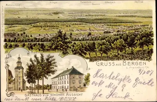 Litho Bergen Frankfurt am Main, Gasthaus zur Schönen Aussicht, Blick auf den Ort