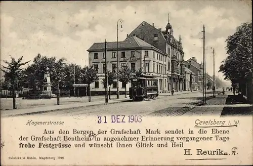 Ak Gevelsberg im Ruhrgebiet, Hagenerstraße, Straßenbahn, Kriegerdenkmal, Hotel Kaiserhof
