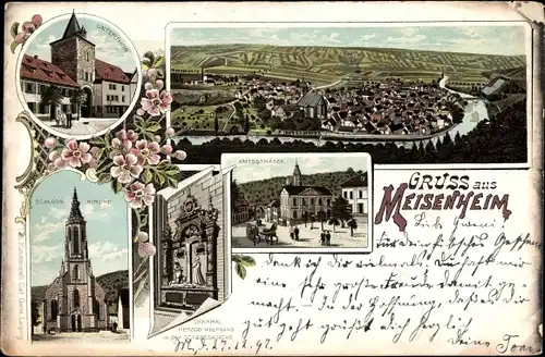 Litho Meisenheim am Glan Pfalz, Untertor, Amtsstraße, Denkmal Herzog Wolfgang, Schlosskirche