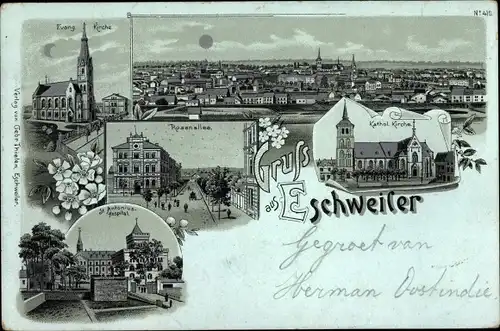 Mondschein Litho Eschweiler Nordrhein Westfalen, Evangelische und Katholische Kirche, Rosenallee