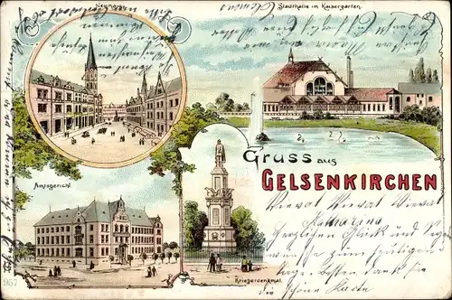 Litho Gelsenkirchen im Ruhrgebiet, Stadthalle im Kaisergarten, Neumarkt, Amtsgericht, Kriegerdenkmal