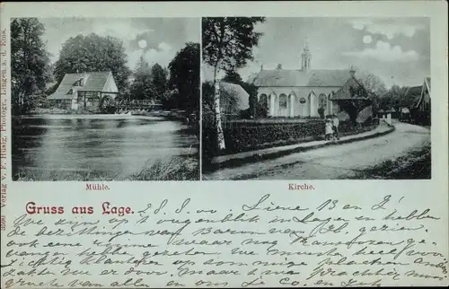 Mondschein Ak Lage in Niedersachsen, Mühle, Wassermühle, Kirche