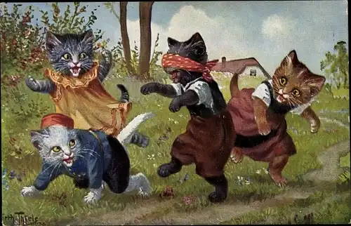 Künstler Ak Thiele, Arthur, Vermenschlichte Katzenkinder spielen Blinde Kuh