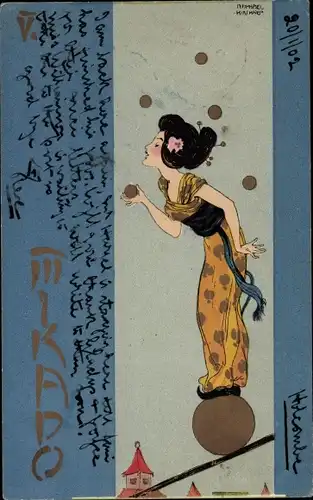 Jugendstil Künstler Litho Kirchner, Raphael, Mikado, Japanerin im Kimono balanciert auf dem Seil