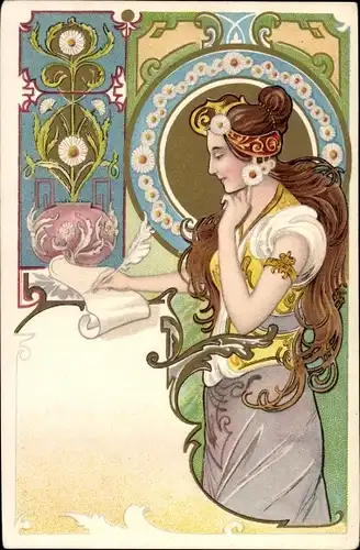 Jugendstil Künstler Litho Mucha ?, Frauenbildnis, Haarschmuck