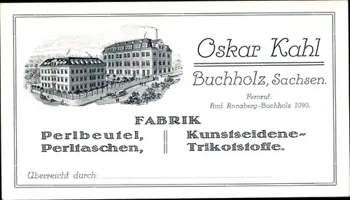 Ak Annaberg Buchholz Erzgebirge, Fabrik Oskar Kahl, Kunstseidene Trikotstoffe, Perltaschen