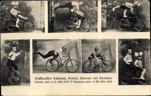 Ak Deuben Freital in Sachsen, Geschwister Alfred und Johanna Schieritz, Fahrradartisten