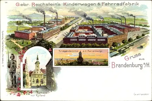 Litho Brandenburg an der Havel, Gebr. Reichsteins Kinderwagen und Fahrradfabrik, Rathaus, Roland