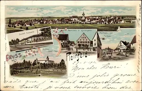 Litho Pleinfeld in Mittelfranken, Marktplatz, Rathaus, Kirchengasse, Bahnhof, Schloss, Totalansicht