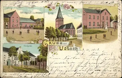 Litho Übach Palenberg Nordrhein Westfalen, Bürgermeisteramt, Kirche, Gastwirtschaft, Kirchplatz
