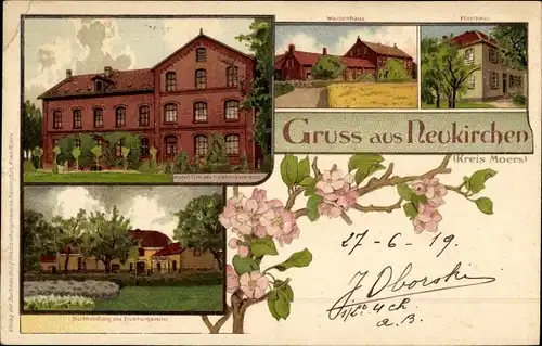 Litho Neukirchen Vluyn am Niederrhein, Pfarrhaus, Waisenhaus, Buchhandlung, Erziehungsverein