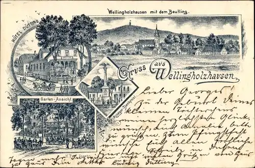 Litho Wellingholzhausen Melle in Niedersachsen, Beutling, Hotel Dütting, Kriegerdenkmal