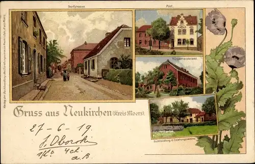 Litho Neukirchen Vluyn Nordrhein Westfalen, Erziehungsverein, Post, Bürgermeisteramt, Buchhandlung