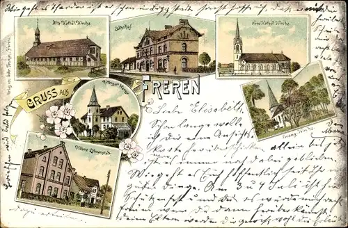 Litho Freren im Emsland, Bahnhof, Rittergut, Evangelische und Katholische Kirchen