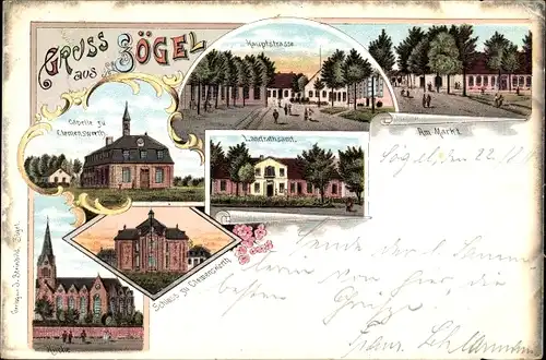 Litho Sögel im Emsland, Schloss zu Clemenswerth, Landratsamt, Kapelle, Kirche, Hauptstraße