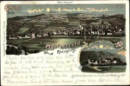Mondschein Litho Lauterecken in der Pfalz, Totalansicht der Ortschaft, Grafschaft Veldenz Anno 1650