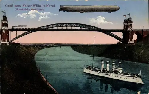 Ak Grünental Beldorf in Schleswig Holstein, Hochbrücke, Zeppelin, Kriegsschiff, Kaiser Wilhelm Kanal