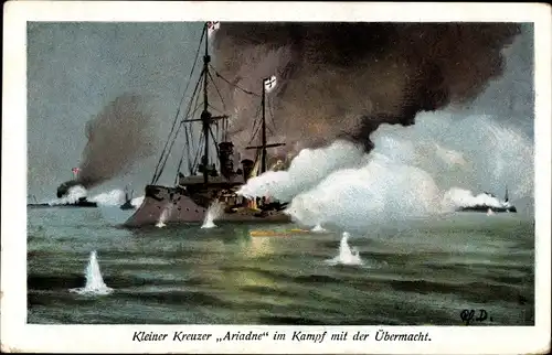 Künstler Ak Deutsches Kriegsschiff, Ariadne, Kleiner Kreuzer im Kampf mit der Übermacht