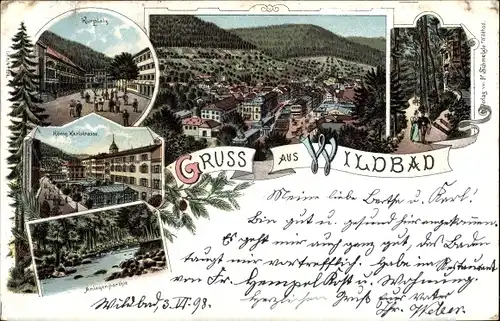 Litho Bad Wildbad im Schwarzwald, Blick auf den Ort, Kurplatz