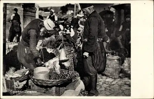 Ak Sarajevo Bosnien Herzegowina, Personen in Trachten, Händler, Marktplatz