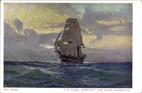 Künstler Ak Kircher, Alex, Österreichisches Kriegsschiff, SMS Radetzky, Fregatte, Segelschiff