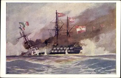 Künstler Ak Heusser, Harry, Österreichisches Kriegsschiff, SMS Kaiser rammt Re di Portogallo