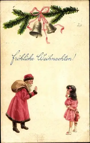 Ak Glückwunsch Weihnachten, Weihnachtsmann und Mädchen mit Puppe, Glocken