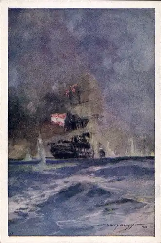 Künstler Ak Heusser, Harry, Österreichisches Kriegsschiff, SMS Kaiser, Schlacht bei Lissa