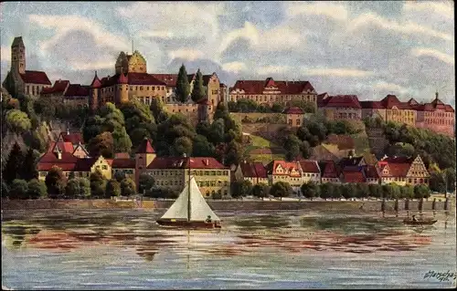 Künstler Ak Marschall, V., Meersburg am Bodensee, Stadt vom Wasser aus gesehen, Segelpartie, Nr. 862