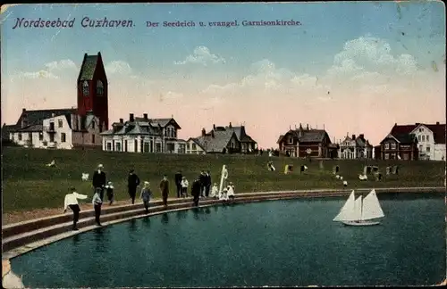 Ak Nordseebad Cuxhaven, Der Seedeich und evangelische Garnisonkirche, Modellboot