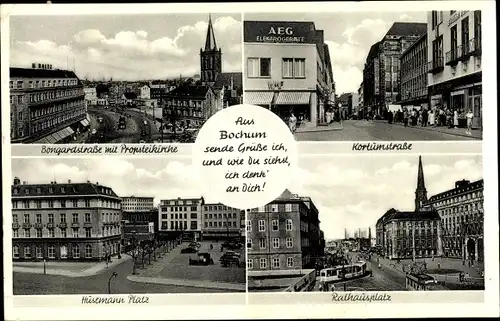 Ak Bochum im Ruhrgebiet, Bongardstraße mit Propsteikirche, Rathausplatz, Husemann Platz