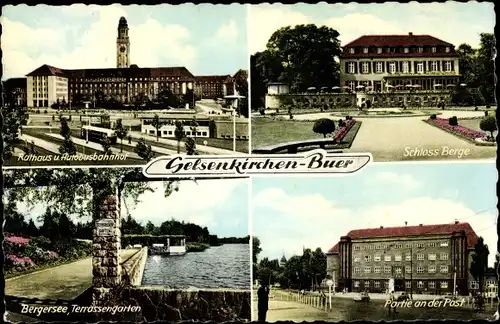 Ak Buer Gelsenkirchen im Ruhrgebiet, Rathaus, Autobusbahnhof, Post, Bergersee, Schloss Berge