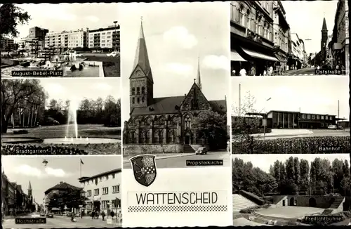Ak Wattenscheid Bochum Ruhrgebiet, August-Bebel-Platz, Stadtgarten, Oststr., Bahnhof, Freilichtbühne