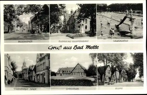 Ak Melle in Niedersachsen, Mühlenstraße, Rathaus, Kriegerdenkmal, Schwimmbad, Markt, Grönenburg