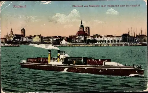 Ak Stralsund in Vorpommern, Überfahrt von Stralsund nach Rügen mit dem Trajektschiff, Eisenbahnfähre