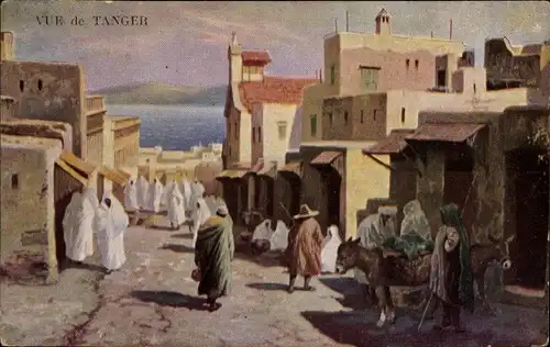 Ak Tanger Marokko, Straßenpartie, Marokkaner, Esel