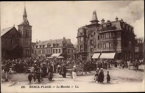 Ak Berck Plage Pas de Calais, Marktplatz, Kirche