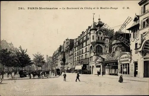 Ak Paris XVIII. Arrondissement Buttes-Montmartre, Le Moulin Rouge, Boulevard de Clichy