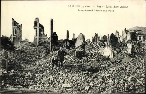 Ak Bailleul Nord, Rue et Eglise Saint-Amand, Kriegszerstörung 1. WK